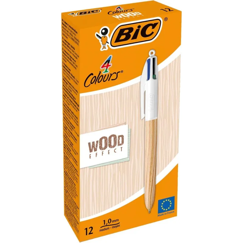 BIC 4 Colours Wood Effect - Penna a sfera a scatto a 4 colori - conf. da 12