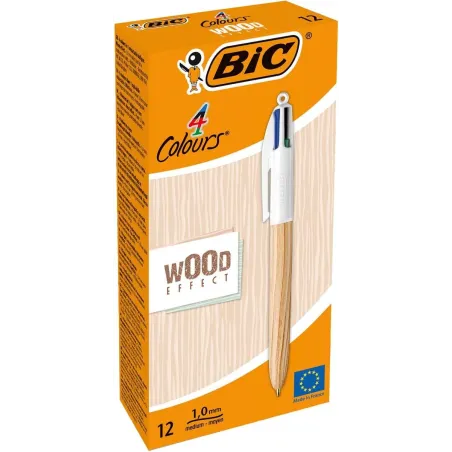 BIC 4 Colours Wood Effect - Penna a sfera a scatto a 4 colori - conf. da 12