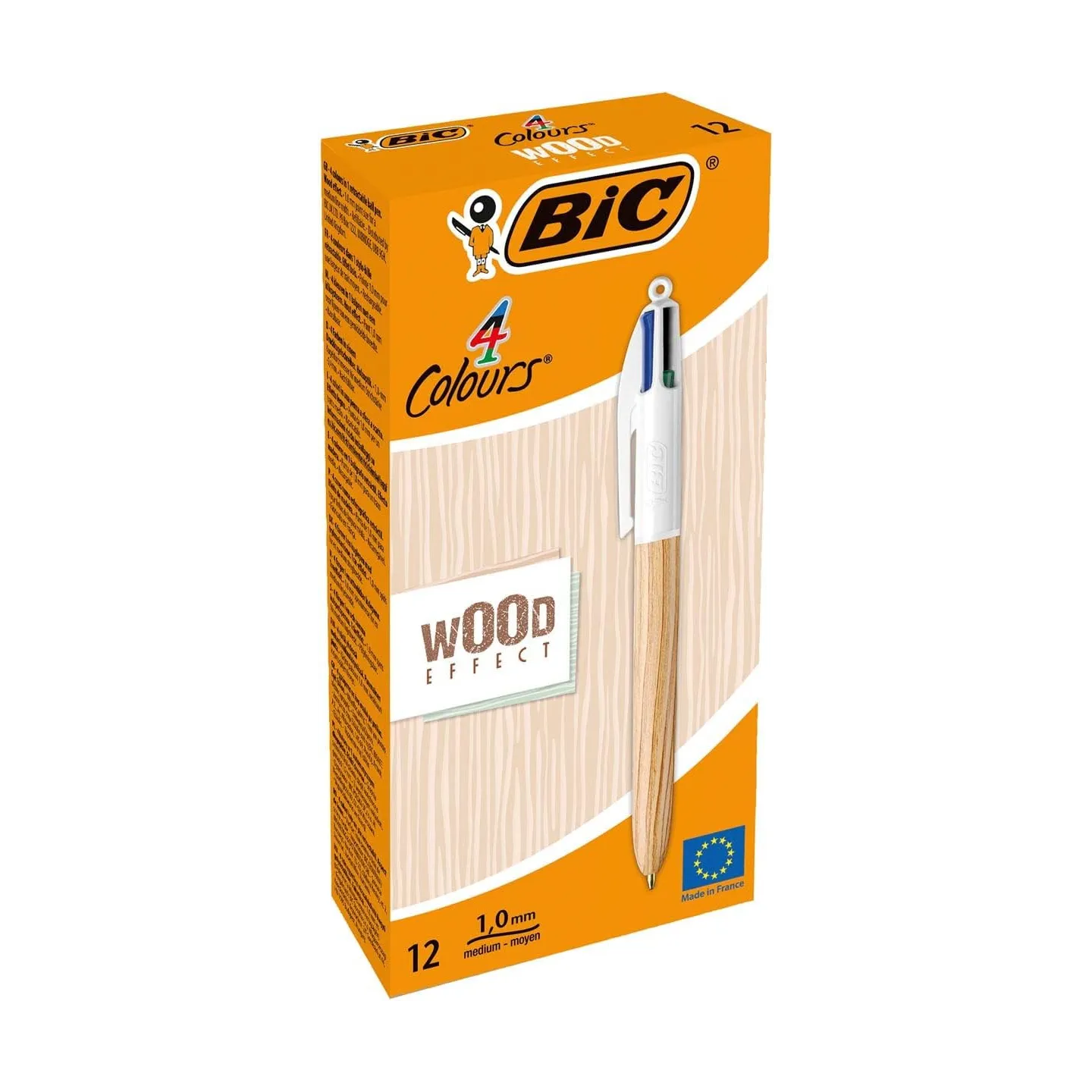 BIC 4 Colours Wood Effect - Penna a sfera a scatto a 4 colori - conf. da 12