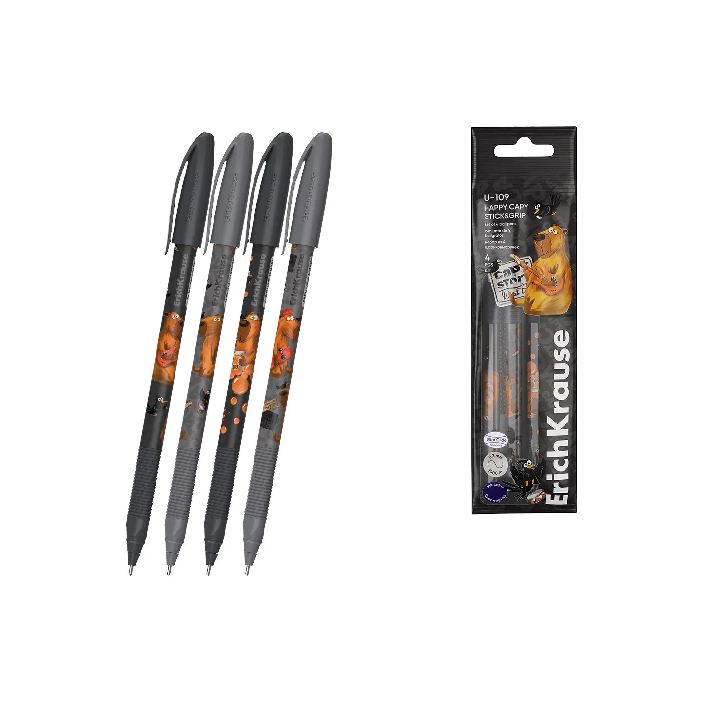 Set 4 Penne a Sfera ErichKrause U-109 Stick&Grip Happy Capy