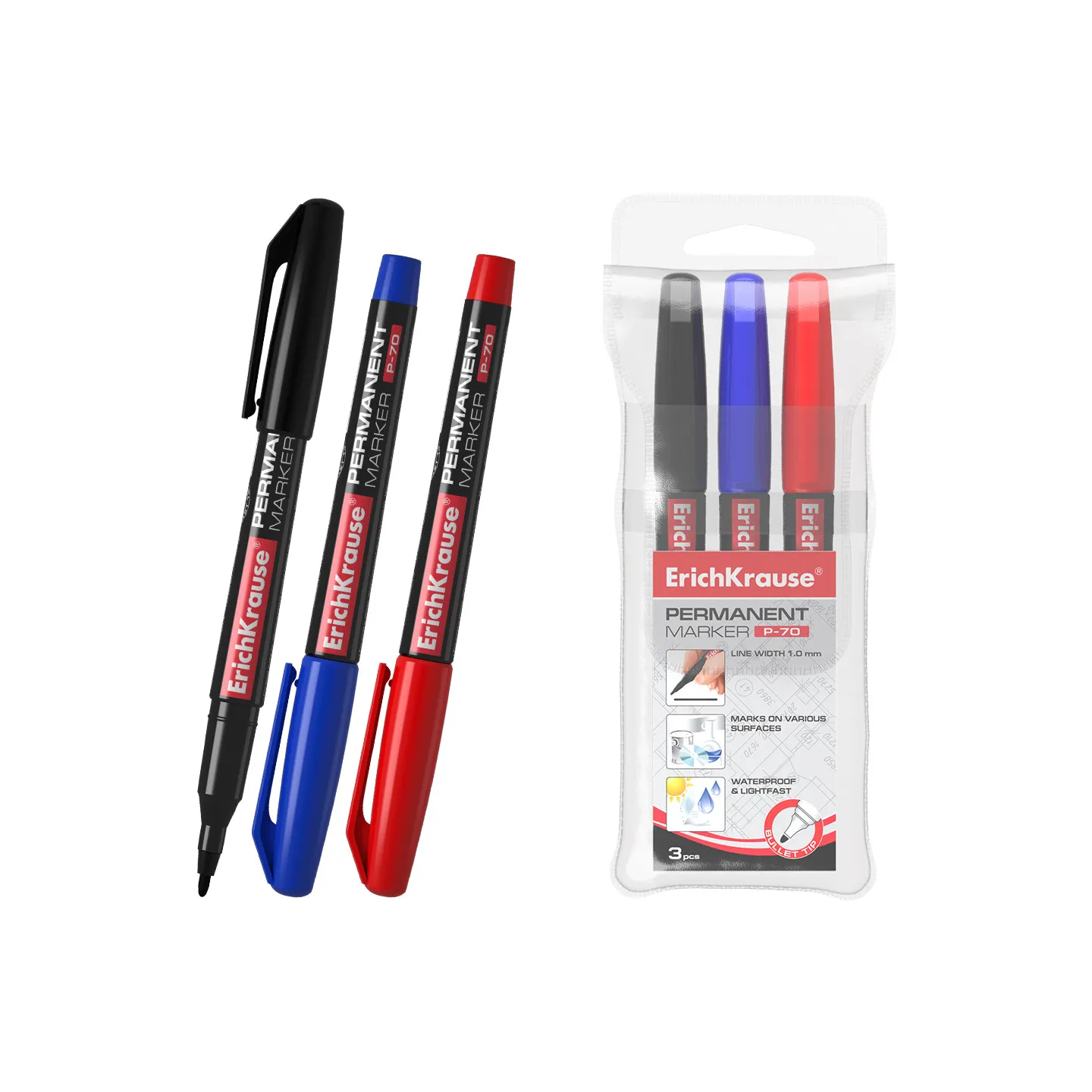 Set di 3 pennarelli indelebili ErichKrause P-70 nero, blu e rosso