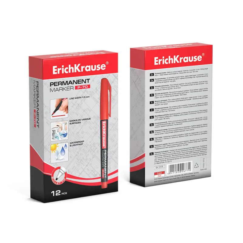Box da 12 Pennarelli Indelebili ErichKrause P-70 Colore Rosso