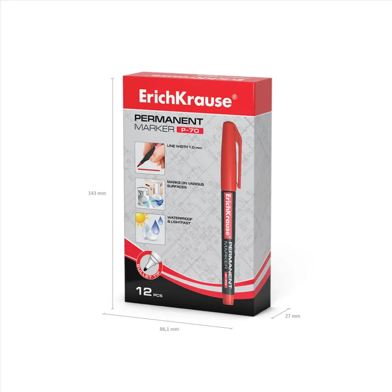 Box da 12 Pennarelli Indelebili ErichKrause P-70 Colore Rosso