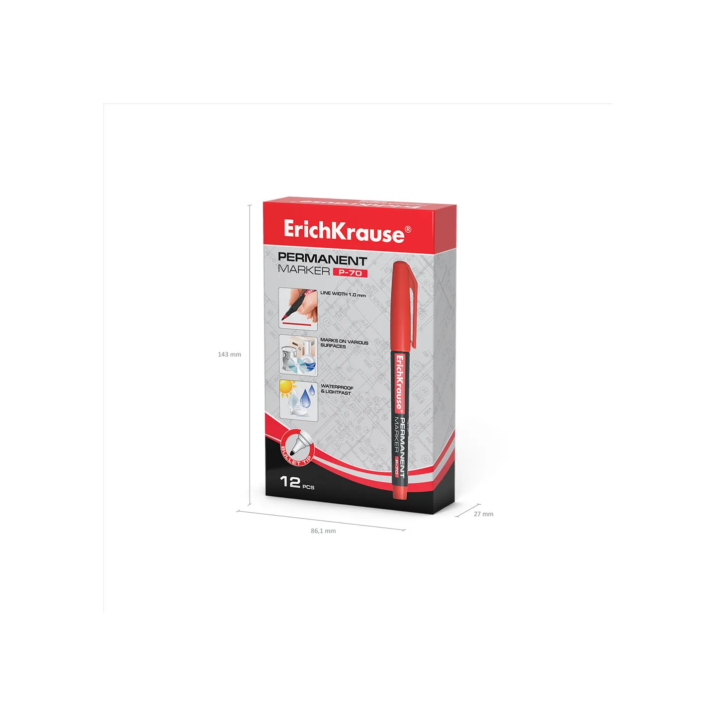 Box da 12 Pennarelli Indelebili ErichKrause P-70 Colore Rosso