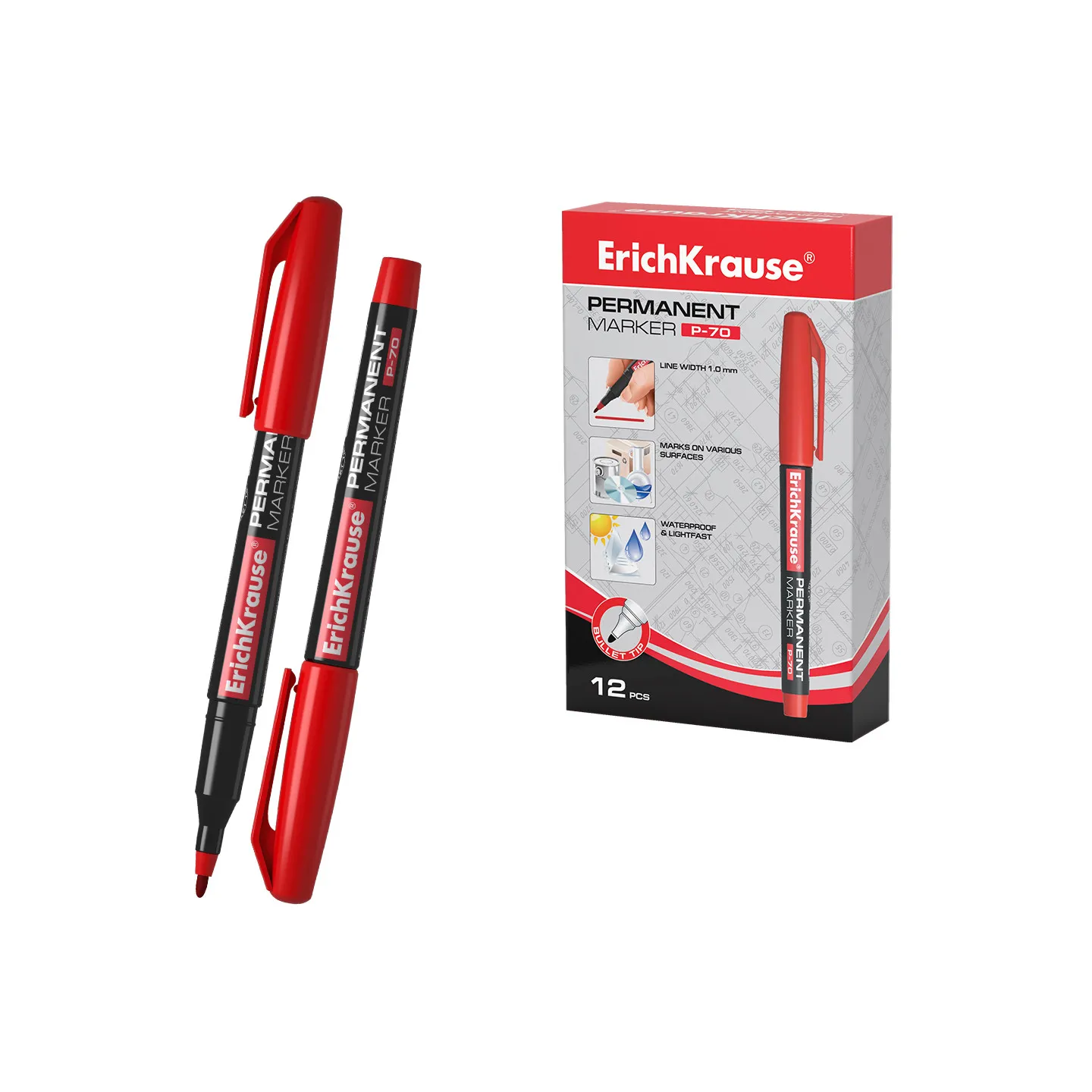 Box da 12 Pennarelli Indelebili ErichKrause P-70 Colore Rosso