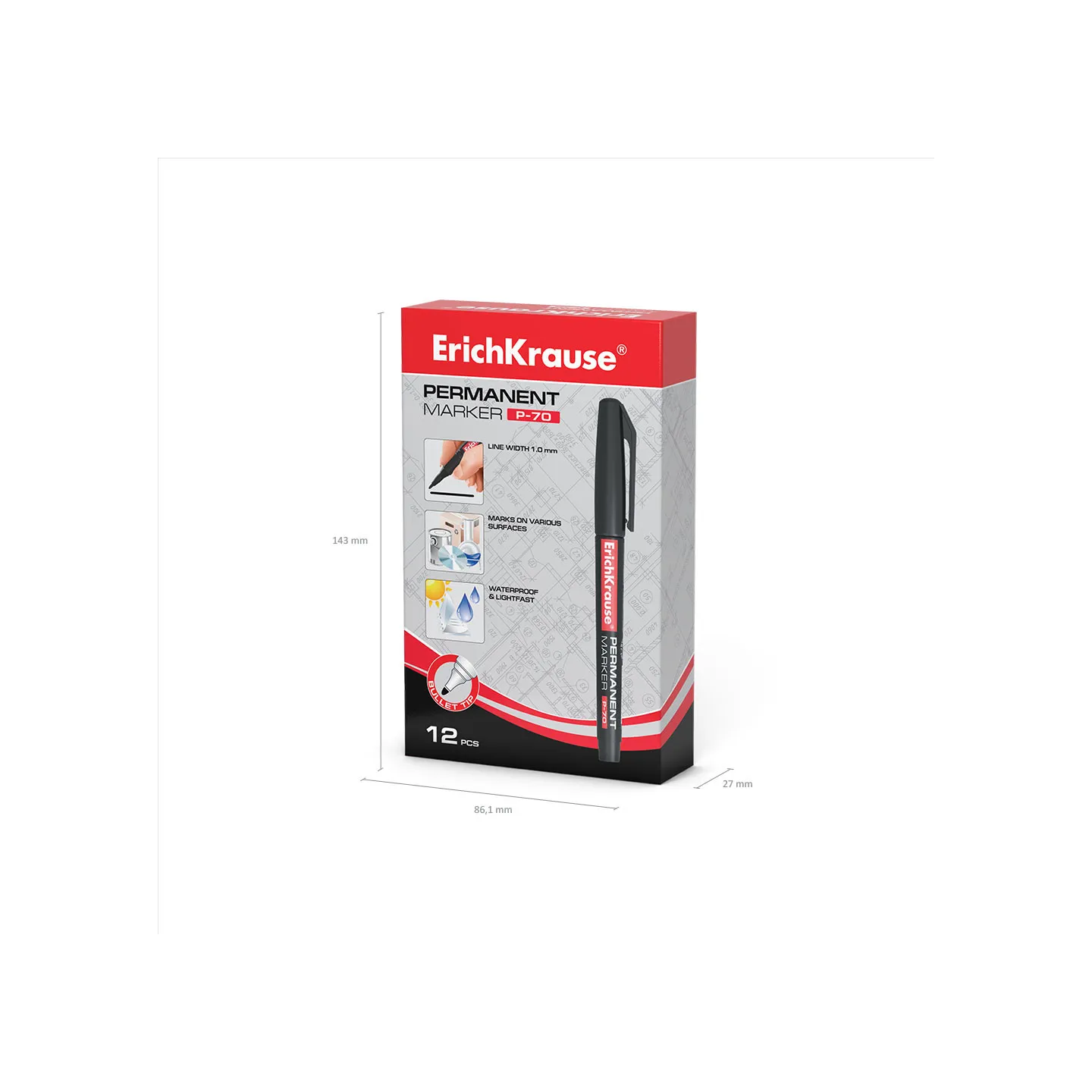 Box da 12 Pennarelli Indelebili ErichKrause P-70 Colore Nero