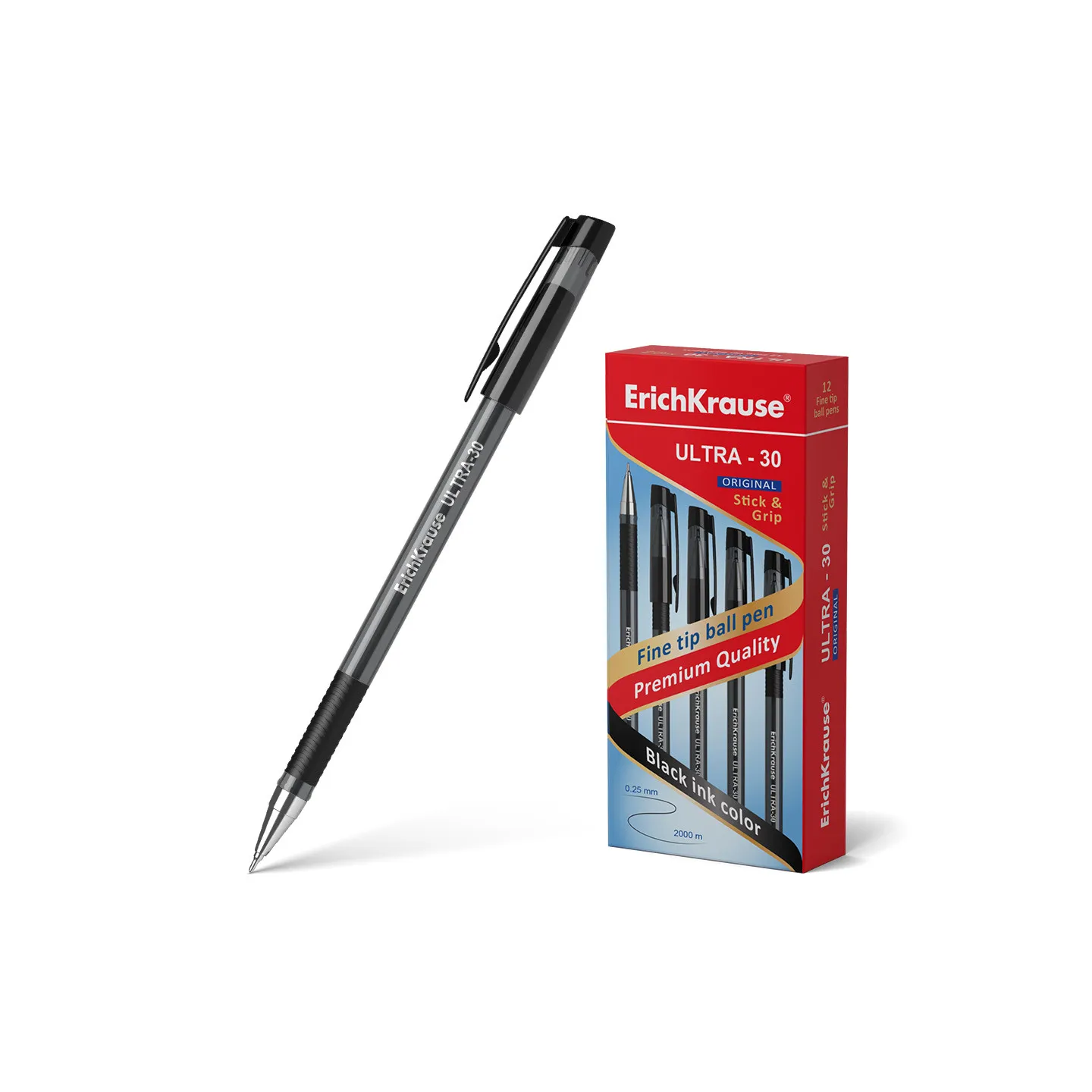 Box da 12 penne a sfera nere ErichKrause ULTRA-30 Stick & Grip Original