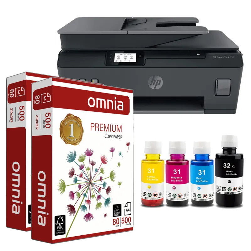 Bundle Stampa HP Smart Tank 530, 2 Risme di Carta A4 e Kit 4 Cartucce