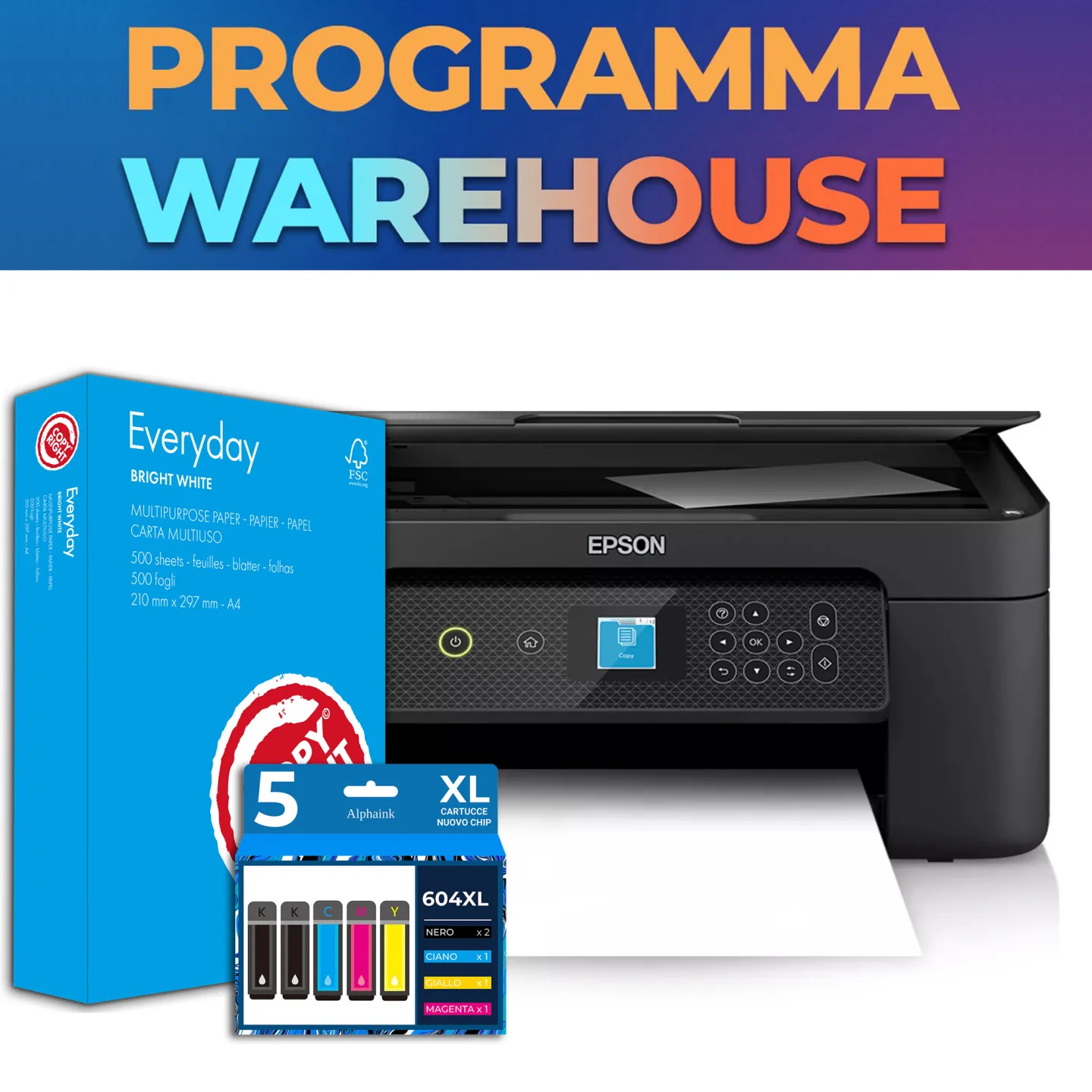 Bundle Warehouse Alphaink - Stampante Epson XP-3200 con Carta e Cartucce di Ricambio