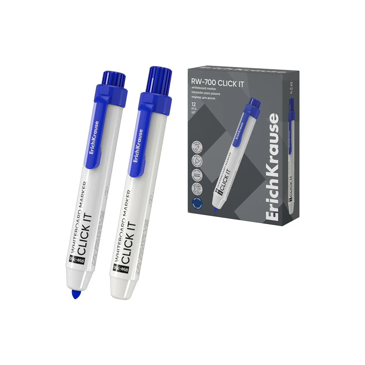 Box 12 Pennarelli Per Lavagna Blu A Scatto  RW-700 Click It