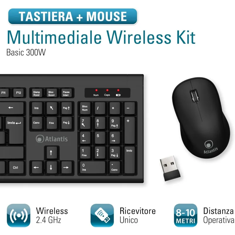 Tastiera e Mouse Cordless Atlantis Land Combo P013-AX280G+M