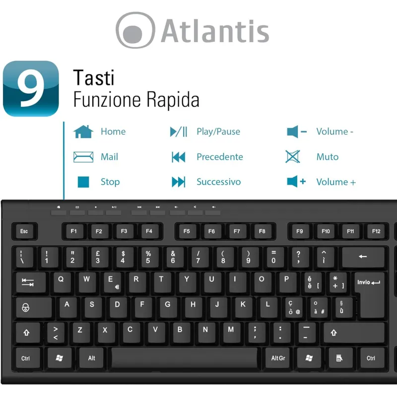 Tastiera e Mouse Cordless Atlantis Land Combo P013-AX280G+M