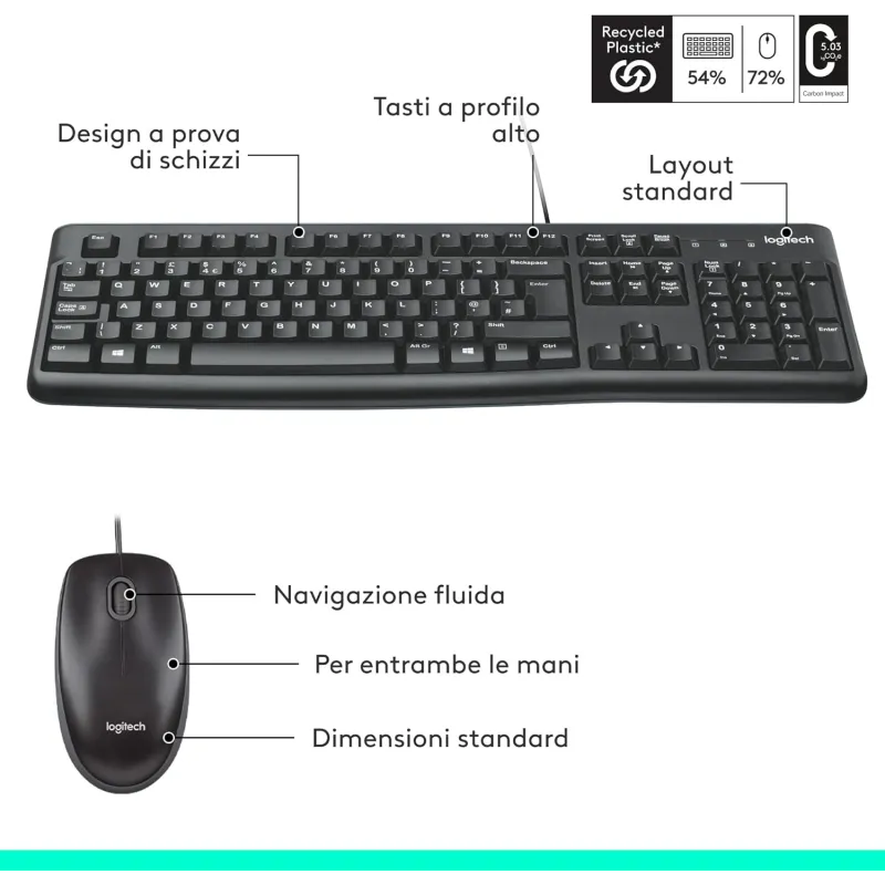 Combo Tastiera e Mouse Kit Logitech MK120 Con Cavo SUB Plug-And-Play Nero