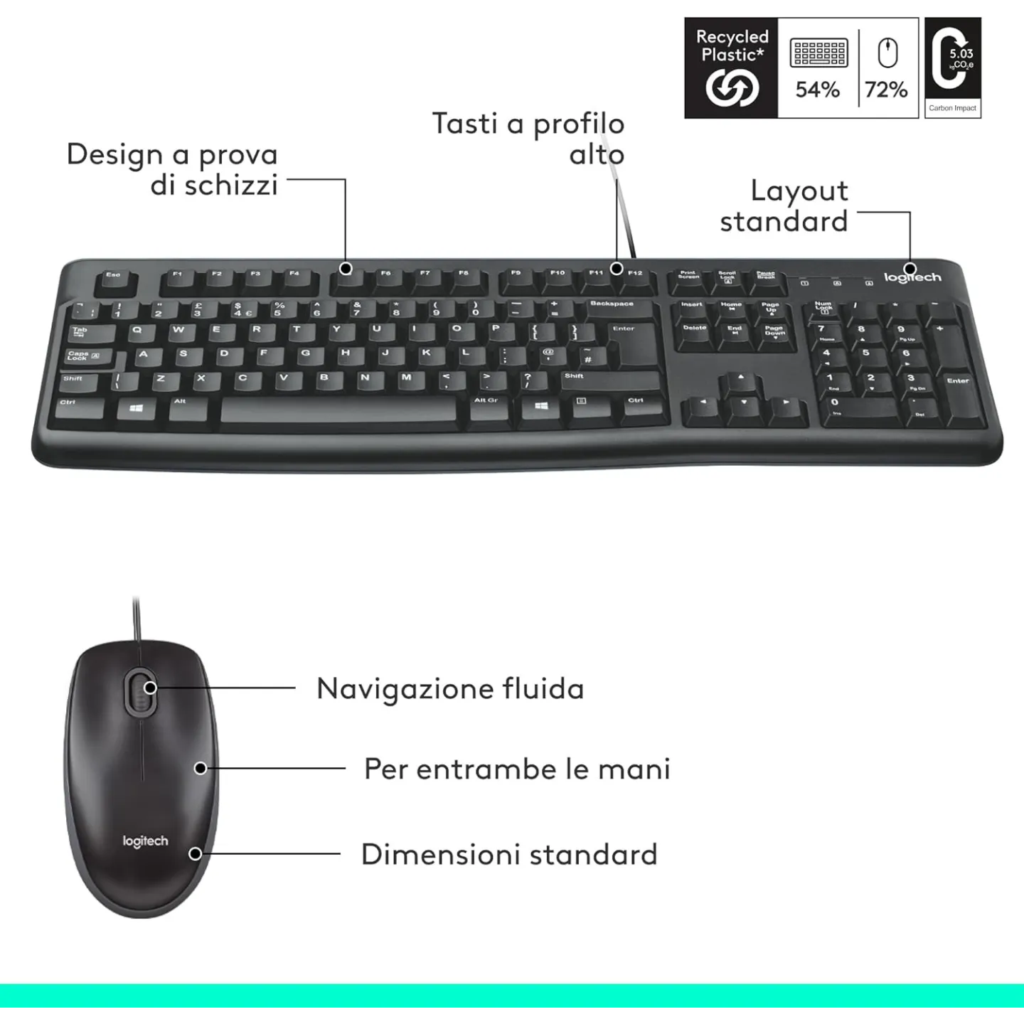 Combo Tastiera e Mouse Kit Logitech MK120 Con Cavo SUB Plug-And-Play Nero