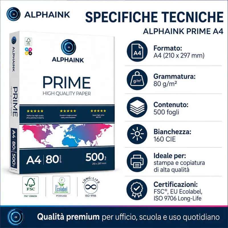 Pacco da 5 Risme Carta A4 80 gr Alphaink Prime