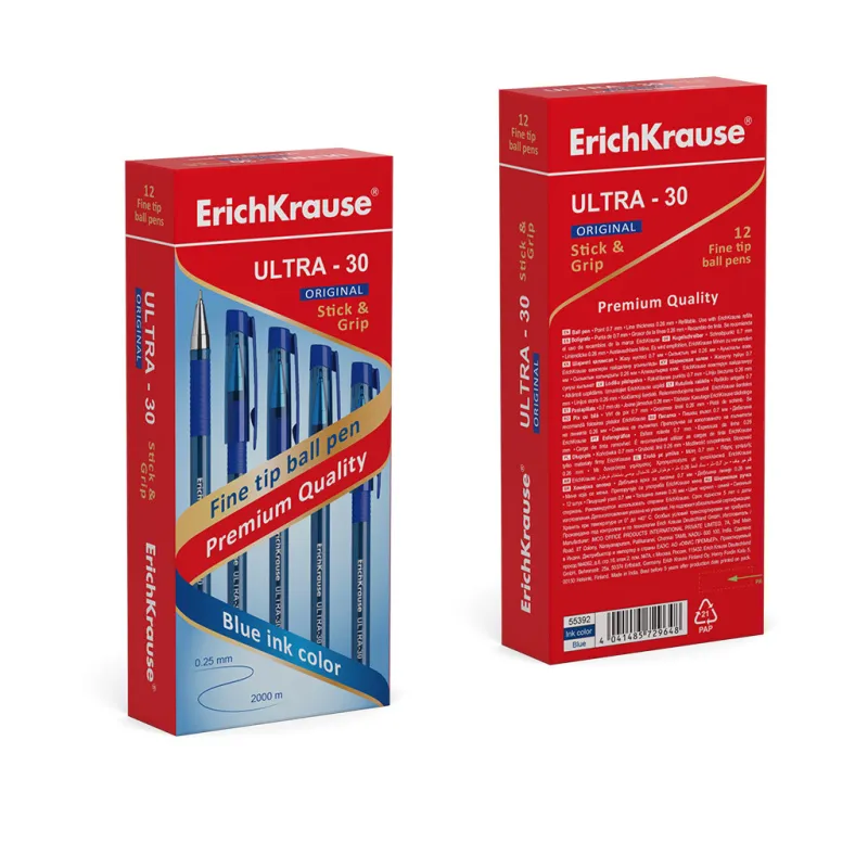Box 12 penne a sfera Blu ErichKrause ULTRA-30 Stick & Grip Original