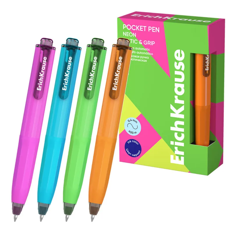 Box 12 Penna a Sfera a Scatto Blu ErichKrause Pocket Pen Matic&Grip Neon