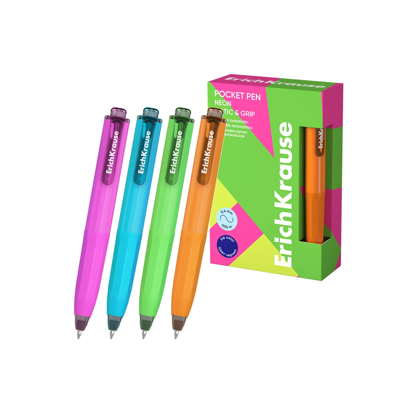 Box 12 Penna a Sfera a Scatto Blu ErichKrause Pocket Pen Matic&Grip Neon