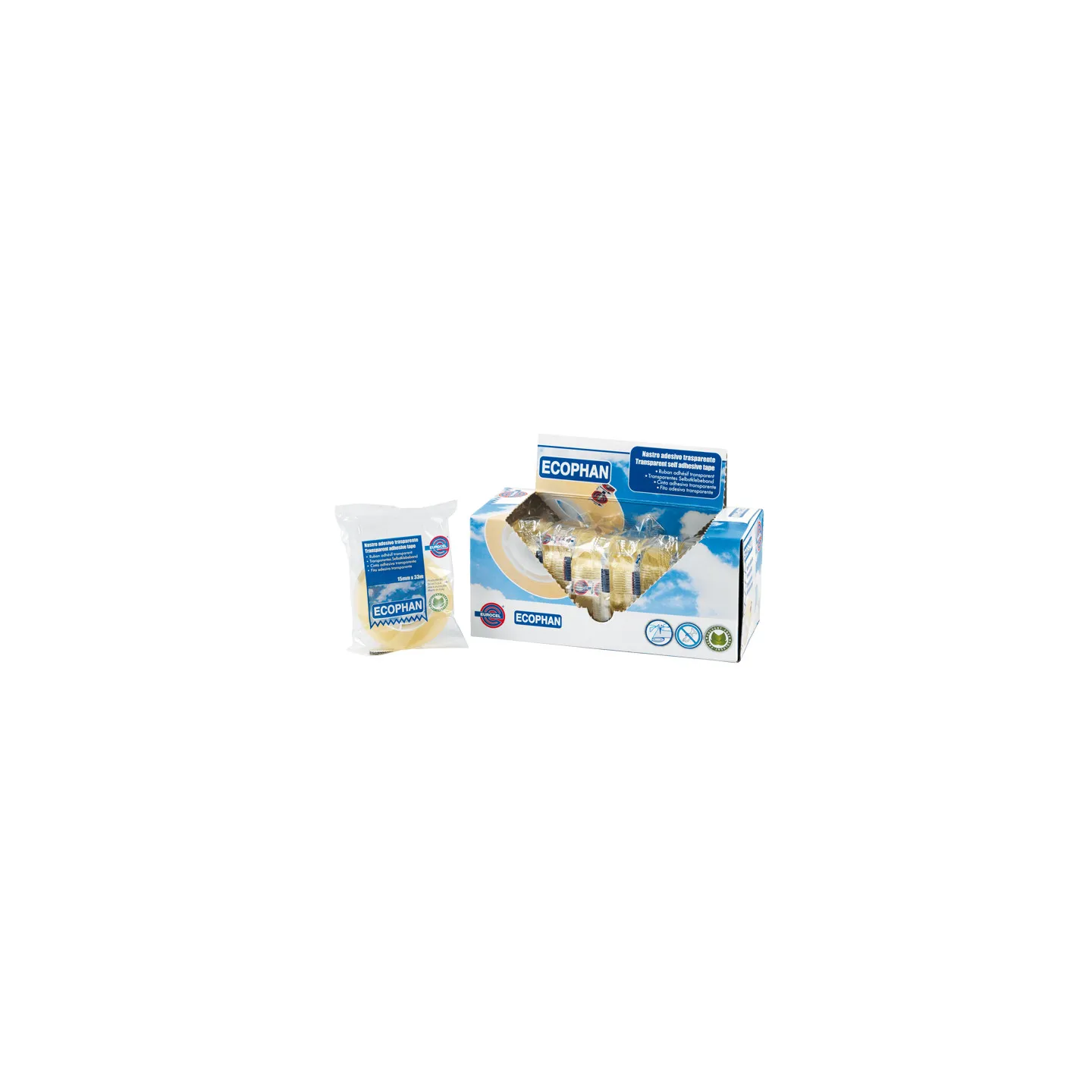Box Espositore 8pz Nastro Adesivo Trasparente Eurocel Ecophan 19mm x 33m