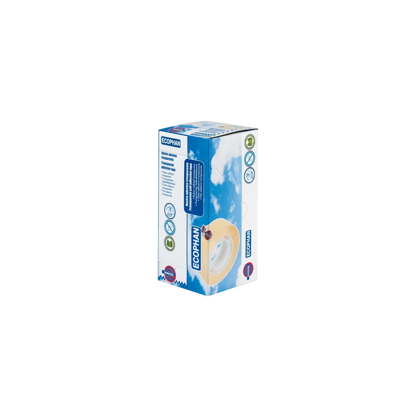 Box Espositore 8pz Nastro Adesivo Trasparente Eurocel Ecophan 19mm x 33m