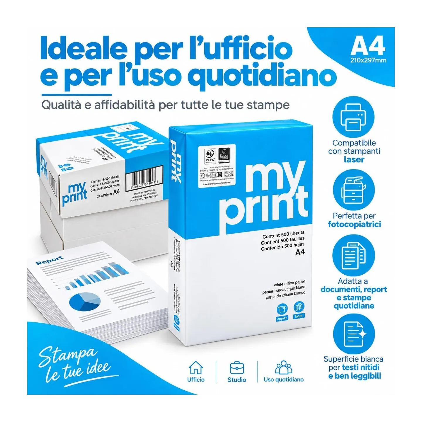 Pacco da 5 Risme Carta A4 My Print Navigator 75 gr - 2500 Fogli