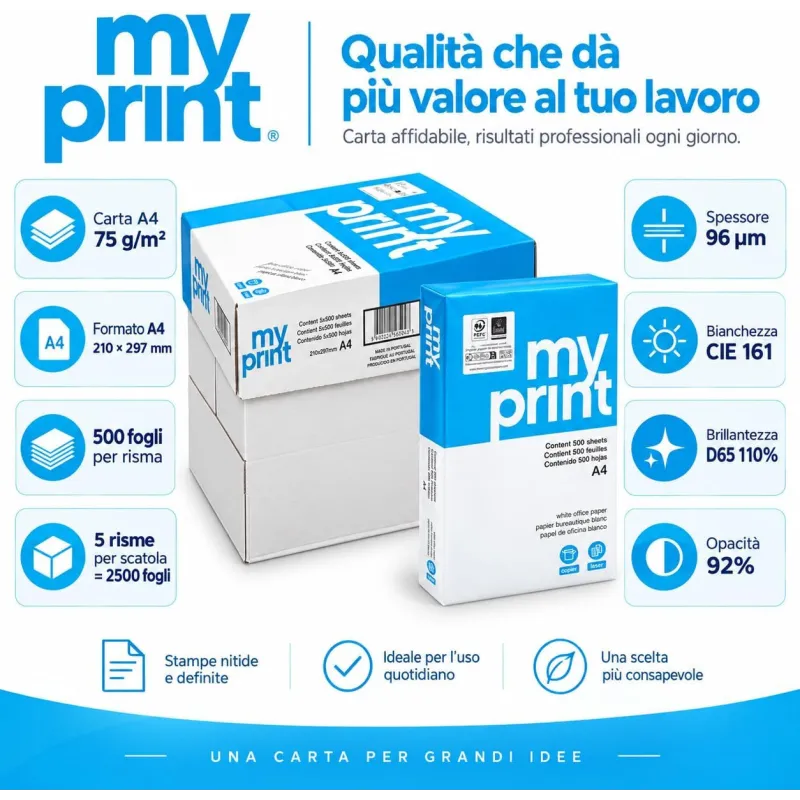 Pacco da 30 Risme Carta A4 My Print Navigator 75 gr - 15.000 Fogli