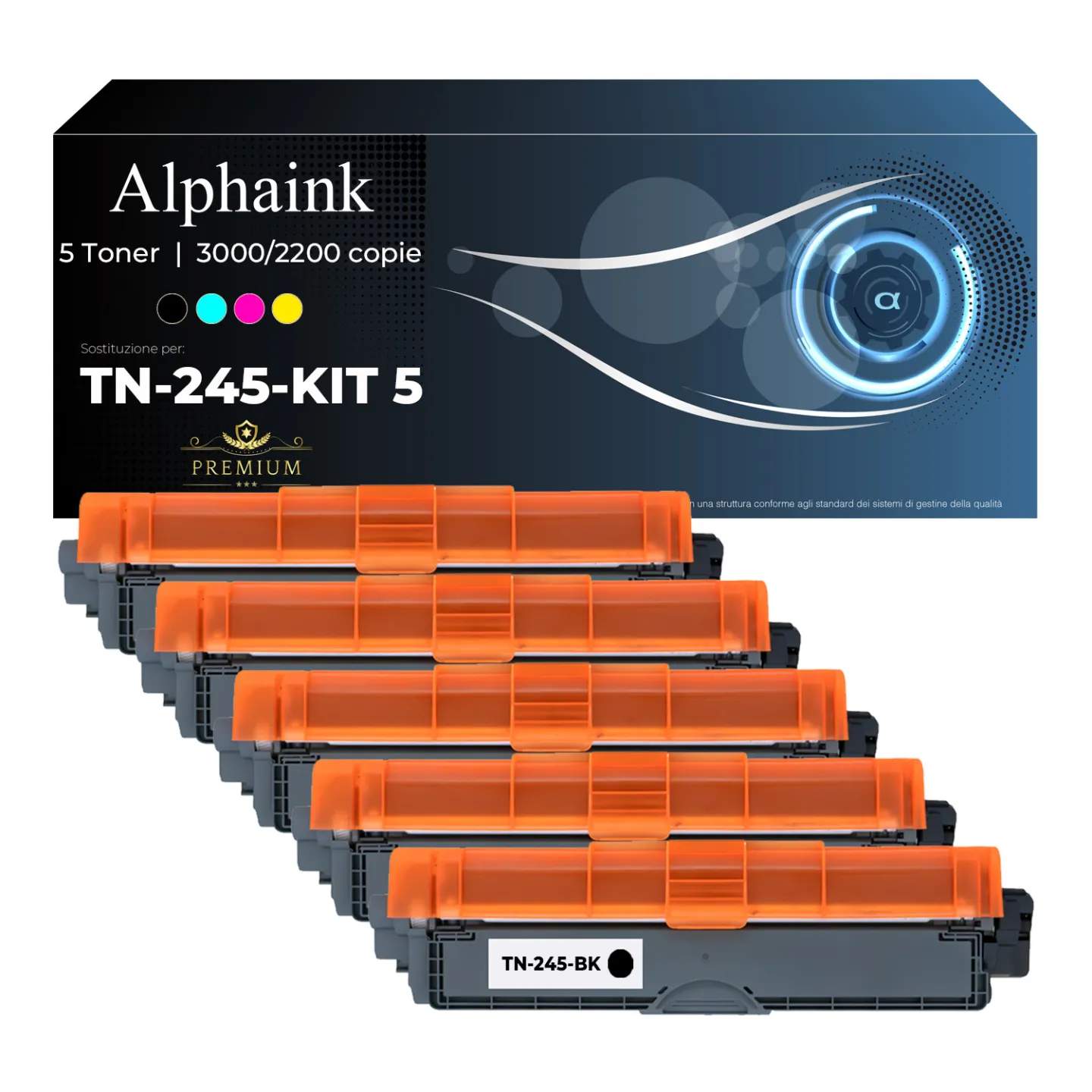 Set 5 Toner TN-241 / TN-245 Compatibili per Brother – 2 Nero + Colori | Alphaink