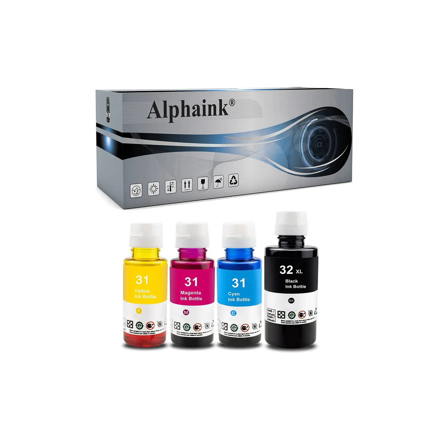 4 Flaconi Cartucce HP Smart Tank 31/32XL Nero + Colori Compatibili