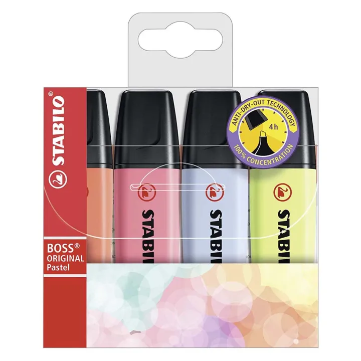 Evidenziatore-Stabilo-Boss-Original-Patel-Astuccio-da-4-Colore-Rosa-Corallo-Fior-di-Ciliegio-Azzurro-Ghiaccio-Lime