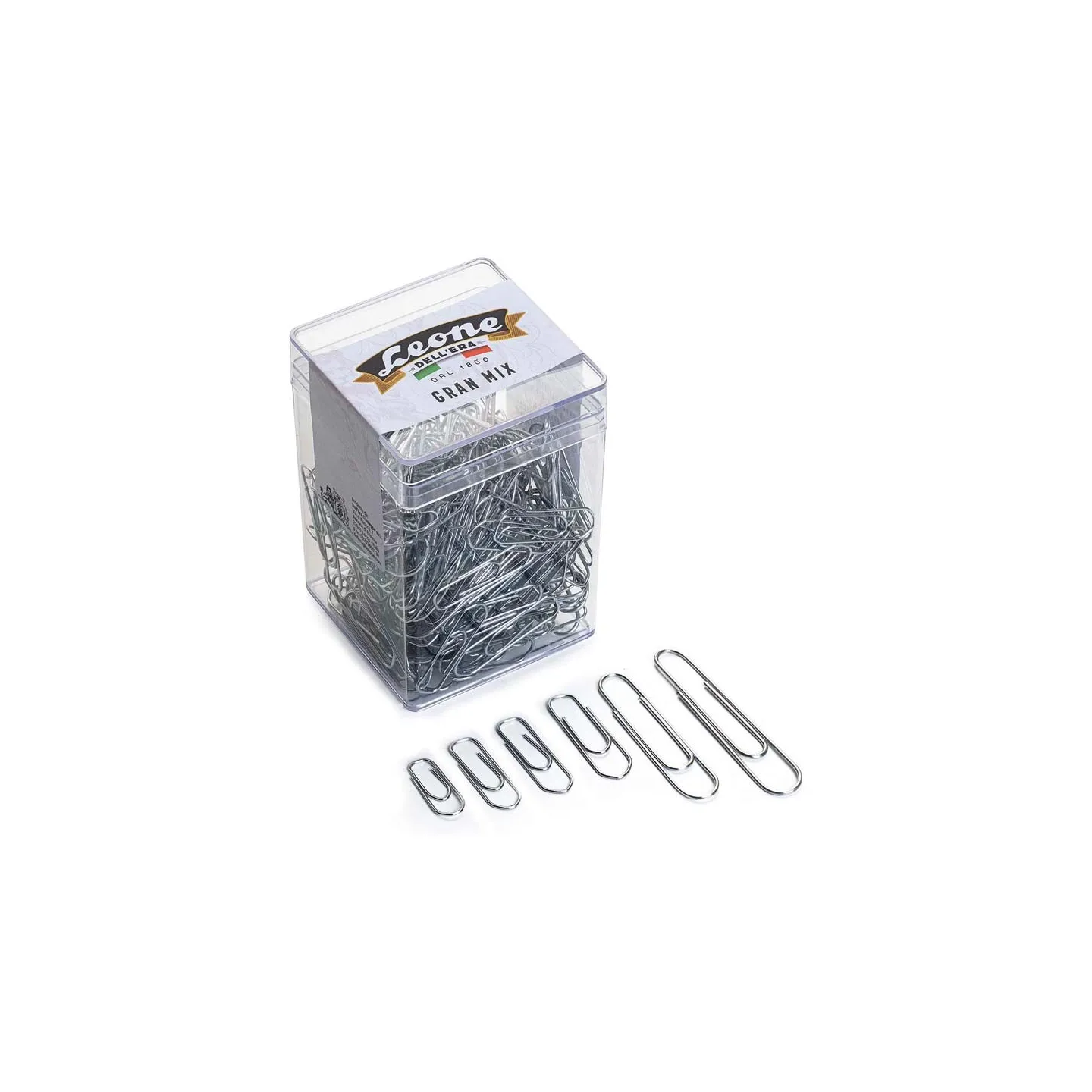 Fermagli-Assortiti-Zincati-Leone-125-gr-ca-215-pz-Misure-N-1-2-3-4-5-6-Scatola-trasparente-Made-in-Italy