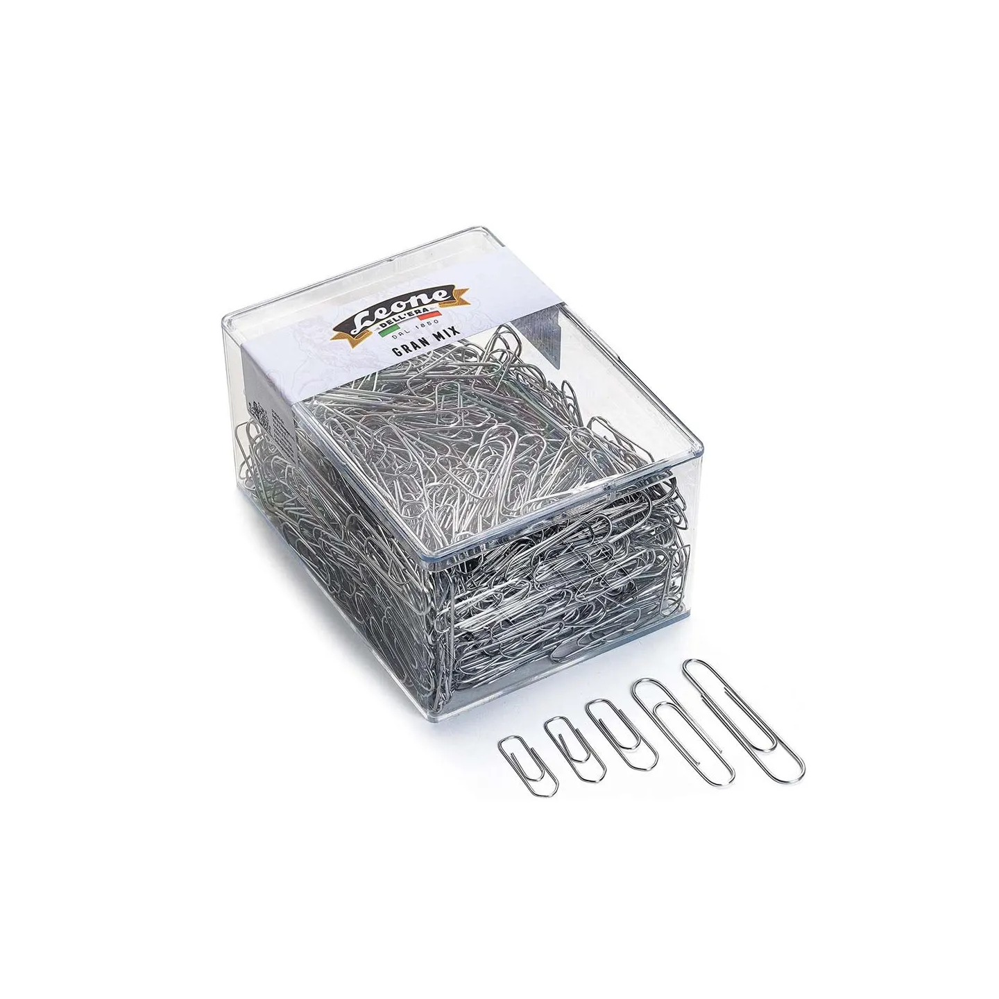 Fermagli-Assortiti-Zincati-Leone-500-gr-ca-Misure-N-1-2-3-4-5-6-Scatola-trasparente-Made-in-Italy