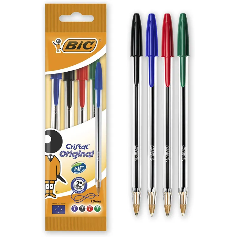 Confezione Originale Bic Cristal da 4 Penne a Sfera - Punta Roller da 1,0 mm - Corsa 0,4 mm - Colori Assortiti