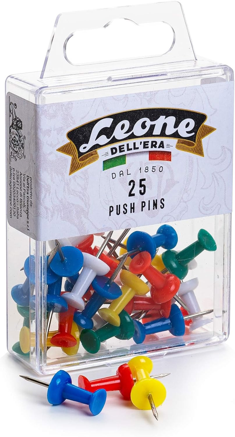25 Spilli con torretta colorata "Push Pins" (mm. 1,15 x 23) - Scatola appendibile - Leone Dell'Era Made in Italy