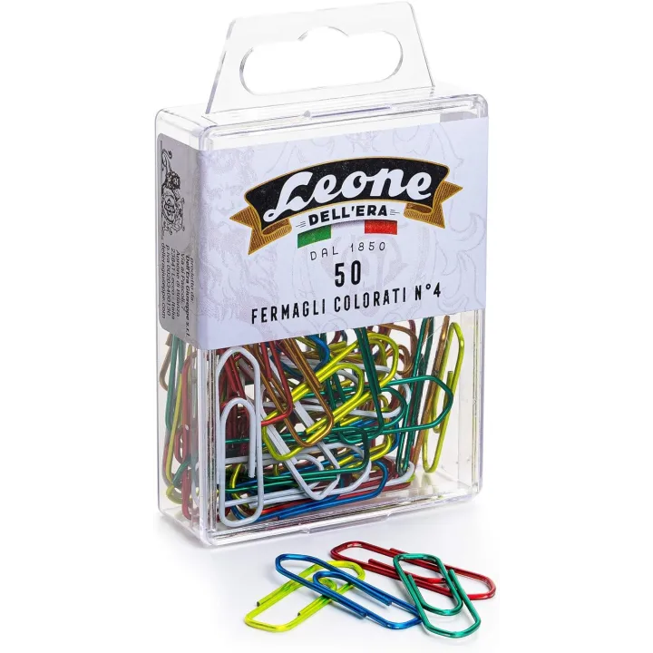 50 Fermagli Colorati Metallizzati Leone Dell'Era N. 4 - mm. 32 - Scatola appendibile - Made in Italy