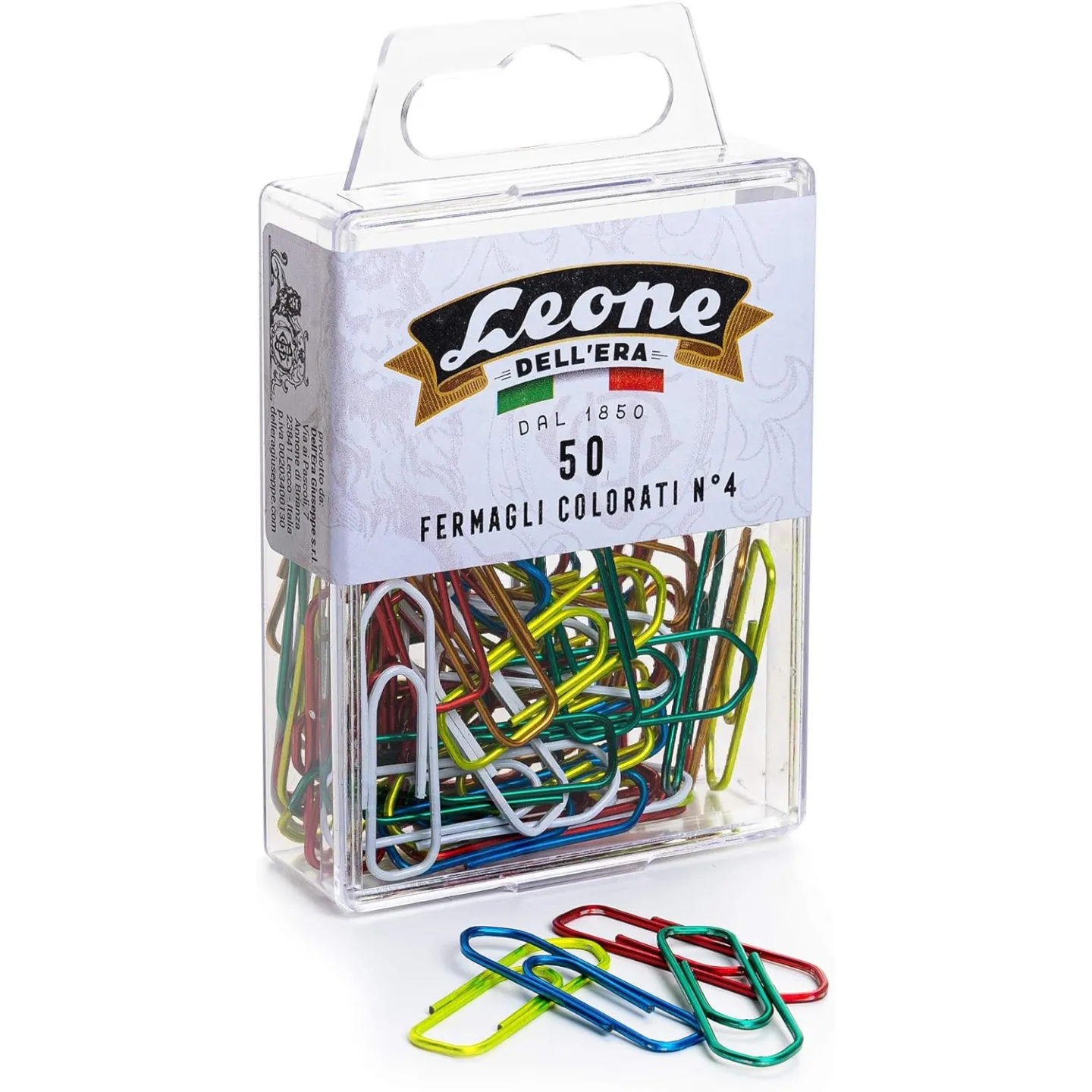 50 Fermagli Colorati Metallizzati Leone Dell'Era N. 4 - mm. 32 - Scatola appendibile - Made in Italy