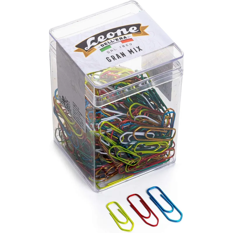 125 gr. (ca. 265 pz.) Fermagli Colorati Metallizzati Leone Dell'Era "Gran Mix" dimensioni miste N. 2-3-4 - Barattolo t