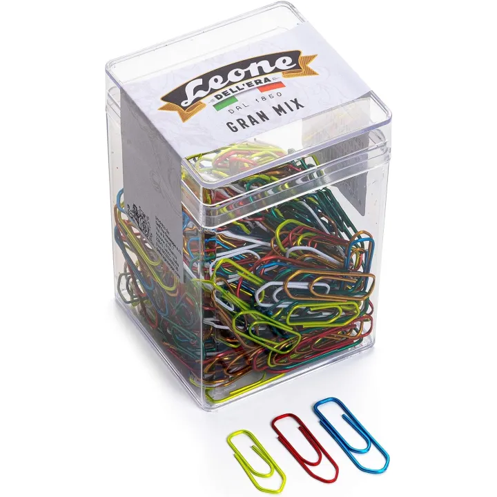 125 gr. (ca. 265 pz.) Fermagli Colorati Metallizzati Leone Dell'Era "Gran Mix" dimensioni miste N. 2-3-4 - Barattolo t