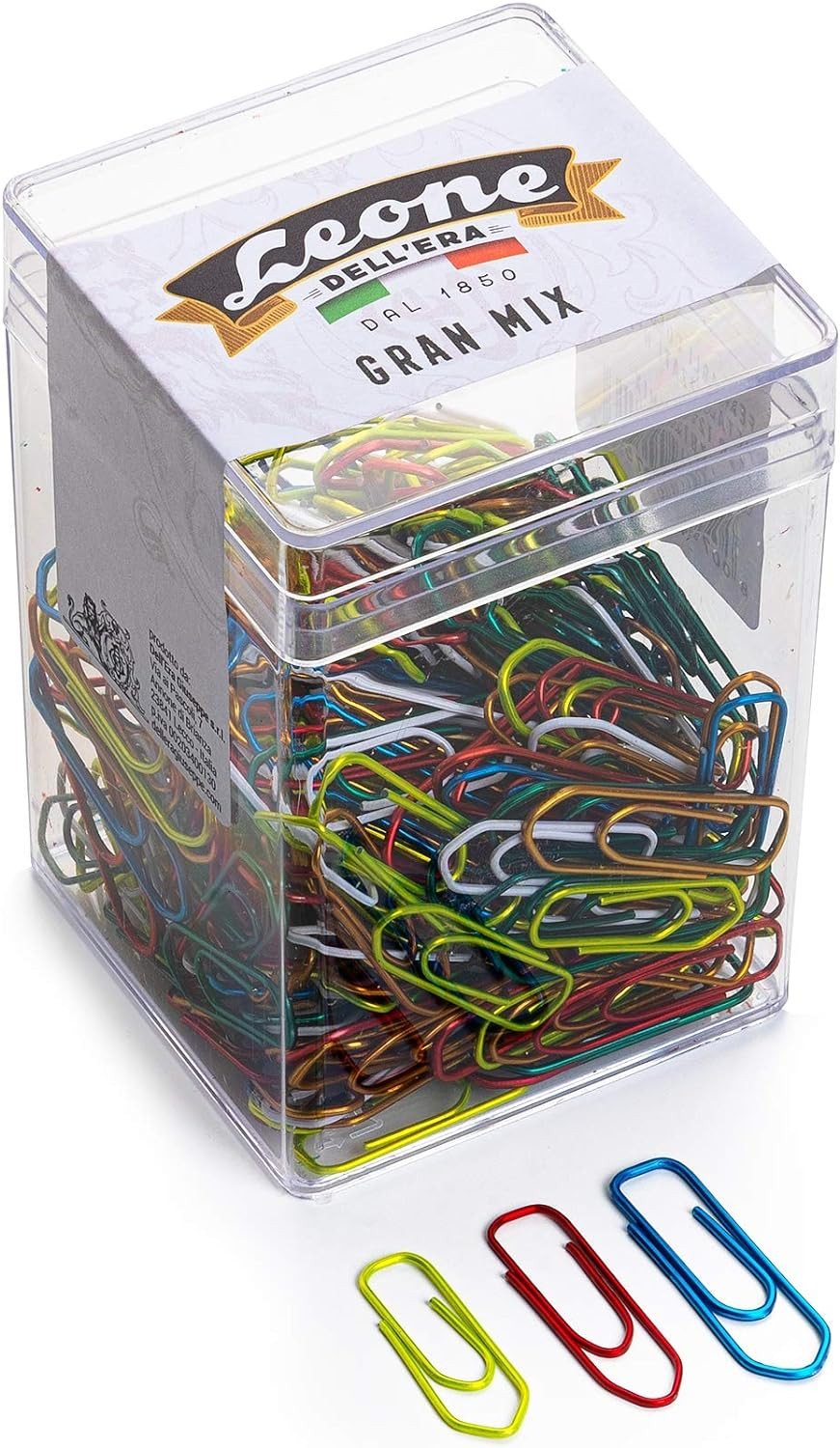125 gr. (ca. 265 pz.) Fermagli Colorati Metallizzati Leone Dell'Era "Gran Mix" dimensioni miste N. 2-3-4 - Barattolo t