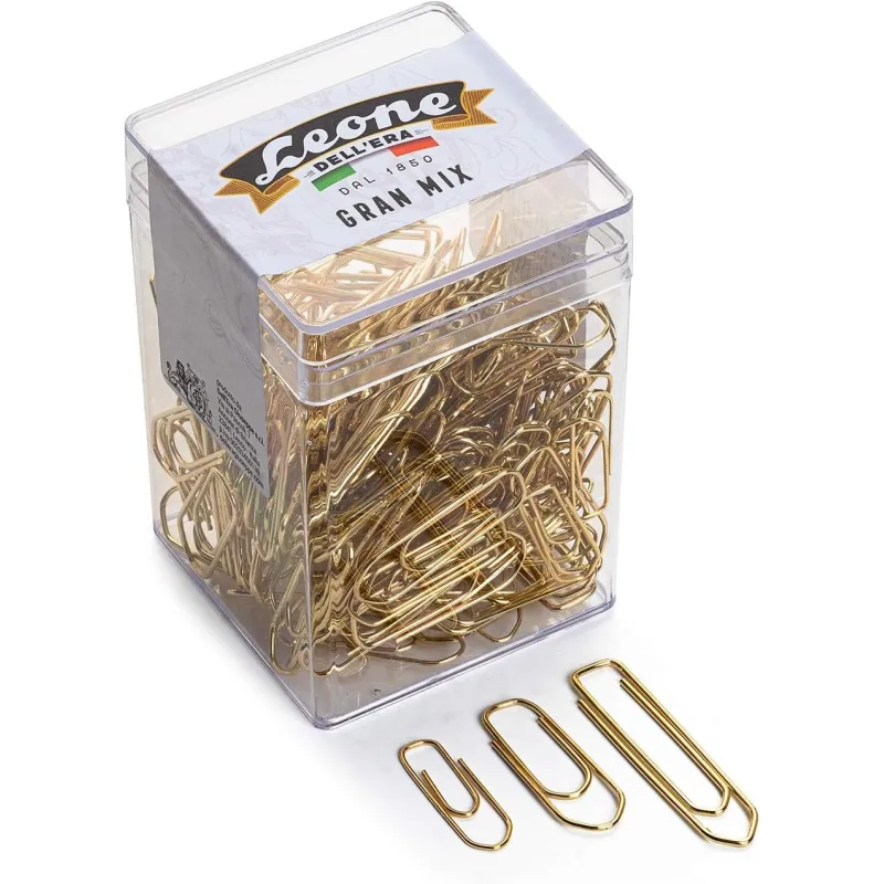 125 gr. (ca. 175 pz.) Fermagli Ottonati Leone Dell'Era "Gran Mix" dimensioni miste N. 2-4-5 - Barattolo trasparente -