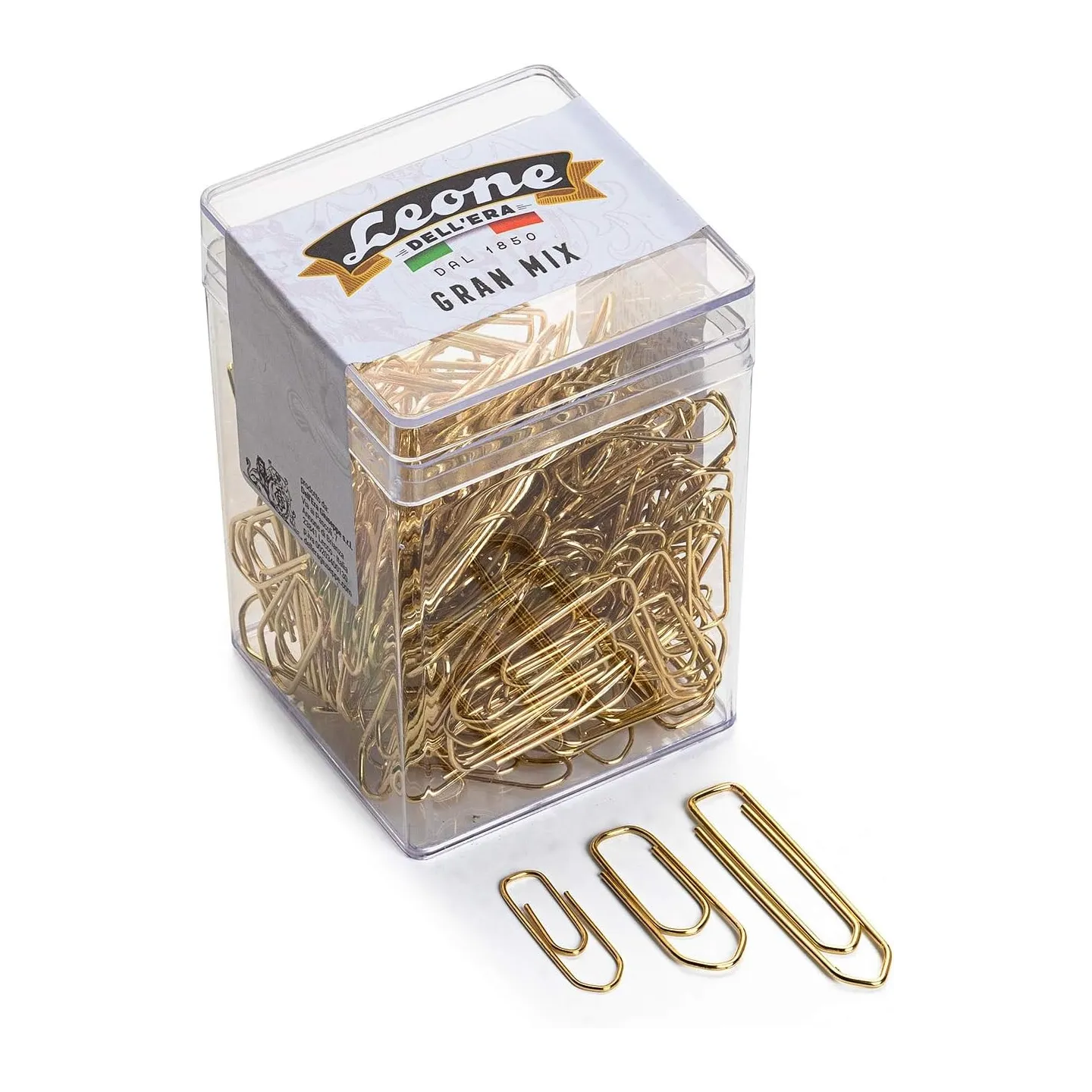 125 gr. (ca. 175 pz.) Fermagli Ottonati Leone Dell'Era "Gran Mix" dimensioni miste N. 2-4-5 - Barattolo trasparente -