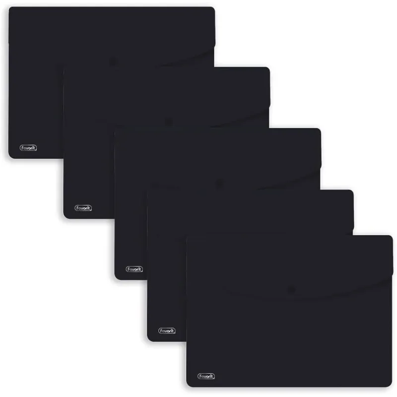 FAVORIT Buste con Bottone Sprint, A4, Polipropilene, Opaco, Confezione da 5 pezzi - Nero