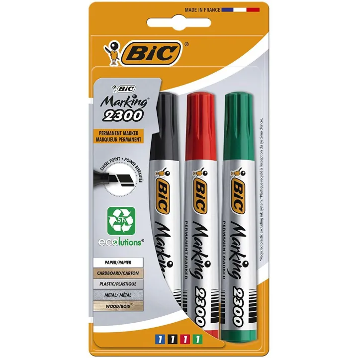 Bic Marking 2300 Confezione da 4 Pennarelli Indelebili - Punta a Scalpello - Inchiostro a Base Alcool - Ecologici - Colori Assor