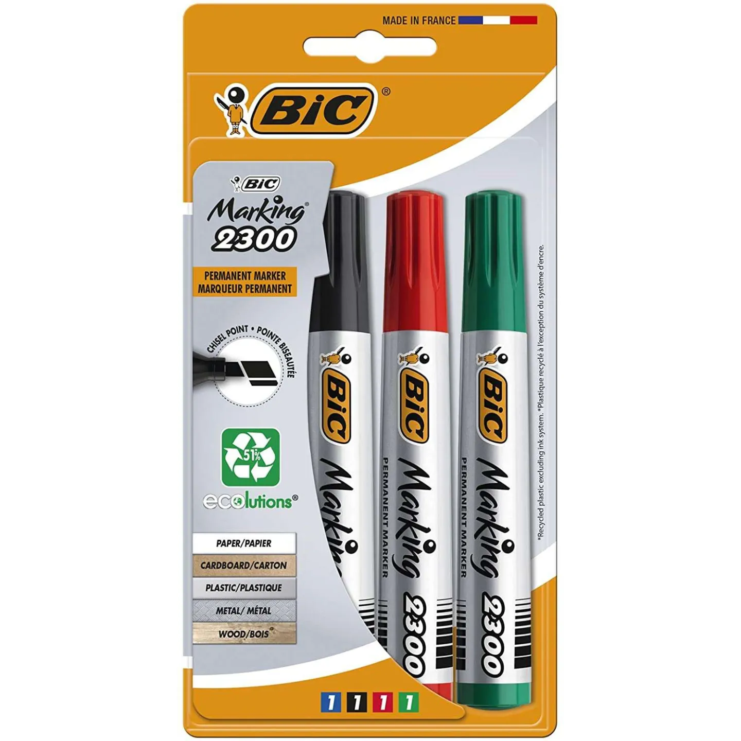 Bic Marking 2300 Confezione da 4 Pennarelli Indelebili - Punta a Scalpello - Inchiostro a Base Alcool - Ecologici - Colori Assor
