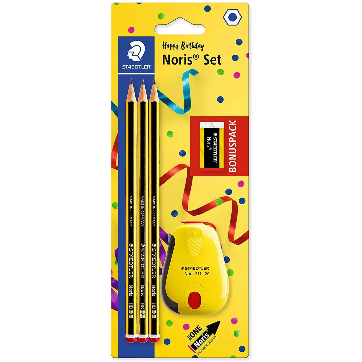 Confezione da 3 matite di grafite esagonali + gomma + temperamatite - mina ultra forte da 2 mm HB Staedtler Noris 120