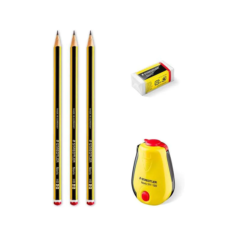 Confezione da 3 matite di grafite esagonali + gomma + temperamatite - mina ultra forte da 2 mm HB Staedtler Noris 120 