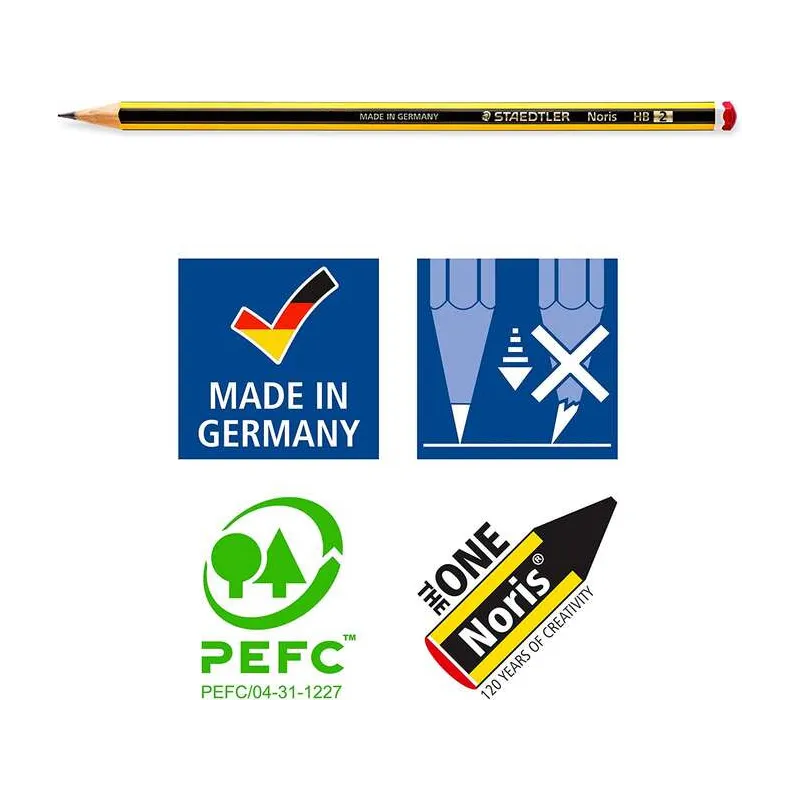 Confezione da 3 matite di grafite esagonali + gomma + temperamatite - mina ultra forte da 2 mm HB Staedtler Noris 120 