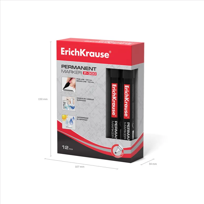 12 Pennarelli Permanenti P-300, Punta Smussata, Nero, Multi-Superficie