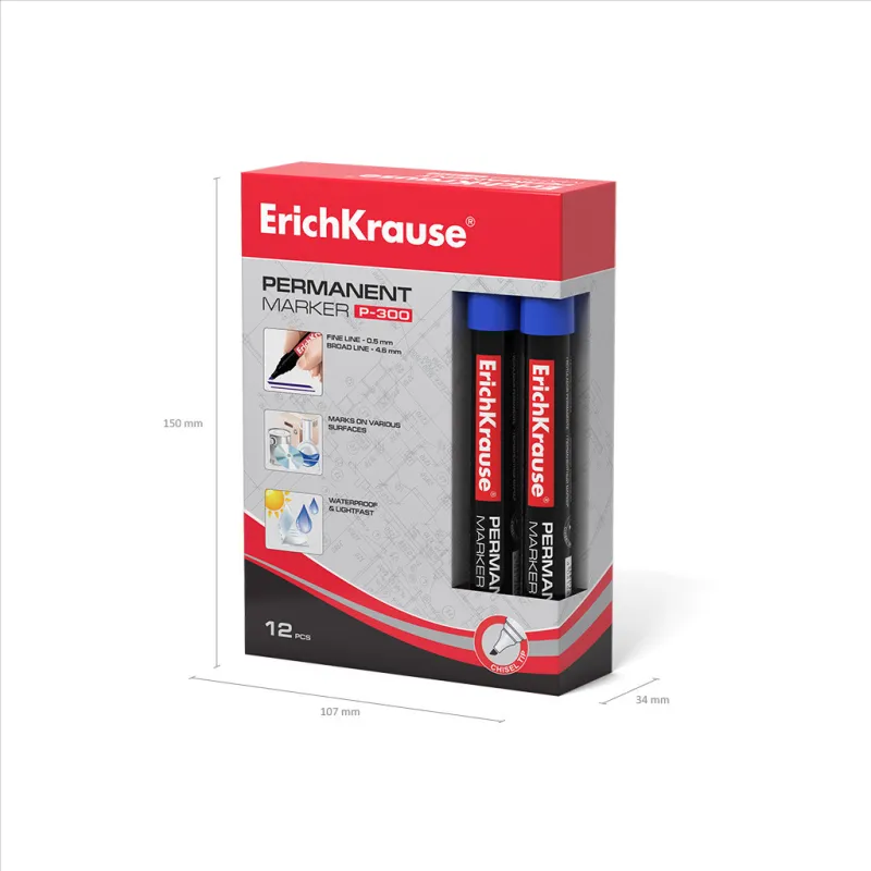 12 Pennarelli Permanenti P-300 - Punta Smussata, Blu, Multi-Superficie