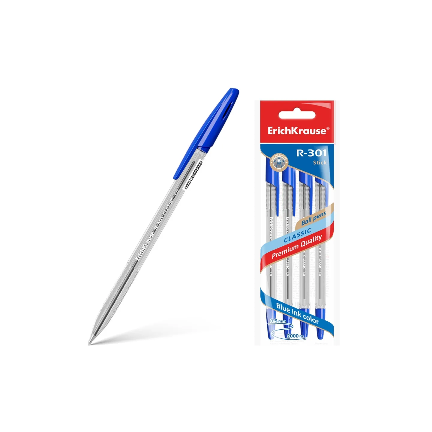 Set di 4 penne a sfera ErichKrause R-301 Stick Classic 1.0, colore inchiostro: blu (in sacchetto)