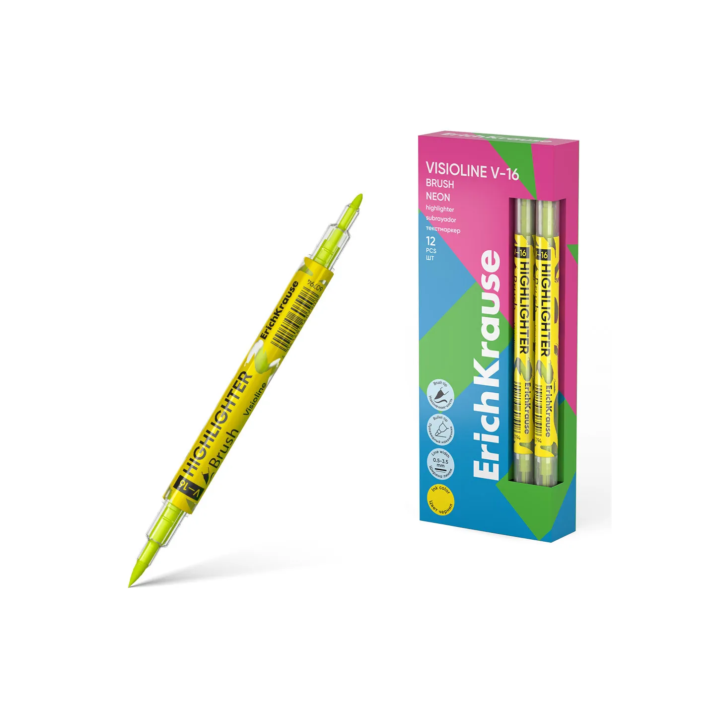Evidenziatore a doppia punta ErichKrause Visioline V-16 Brush Neon, colore inchiostro: giallo